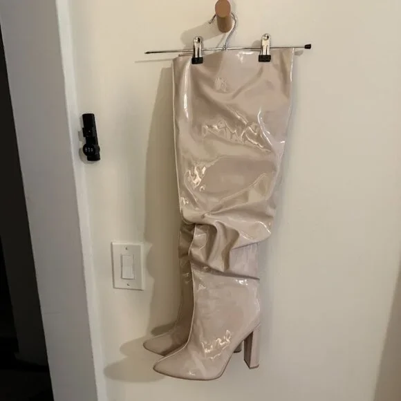 PrettyLittleThing Cream Vinyl Over-the-Knee Block Heel Boots - Picture 4 of 4